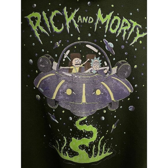 RICK & MORTY Dark Green Hoodie Pullover Sweatshirt XL Stretch Adult Swim Aliens - Picture 6 of 9